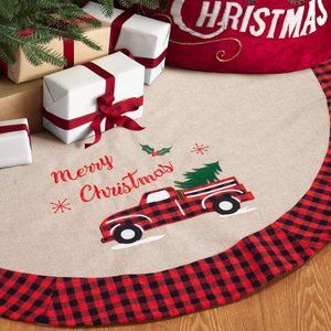Christmas Tree Skirt Burlap 48 Inches Tree Skirt with Red and Black Plaid Border